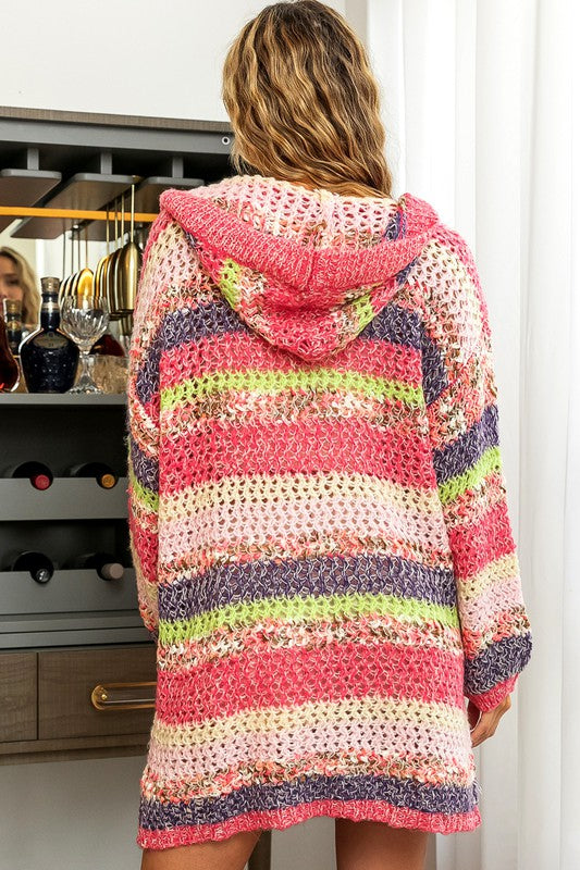Multi Color Striped Hooded Cardigan