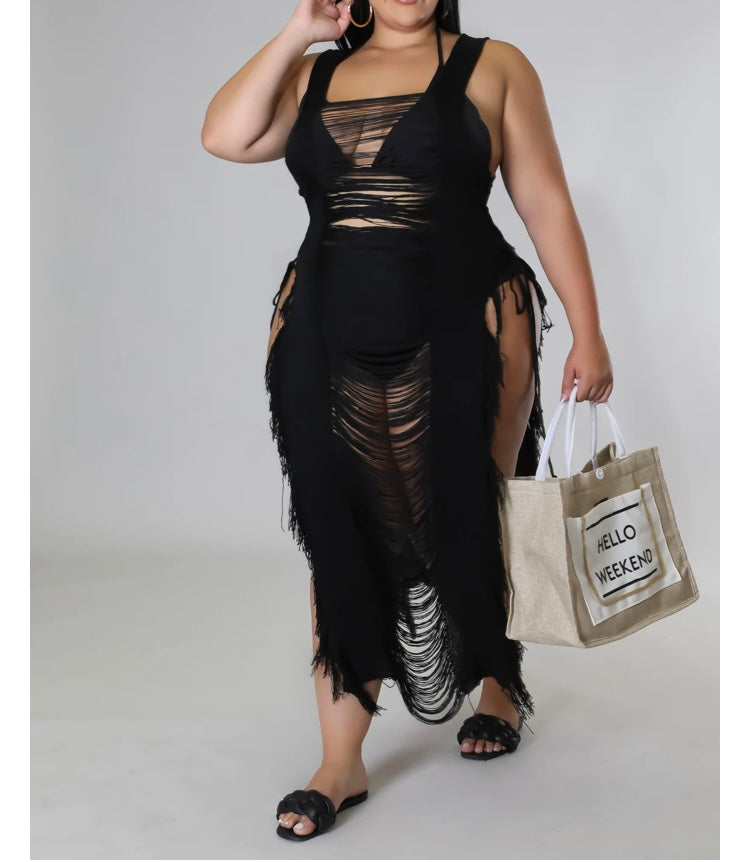 Plus Size Swim Black Crochet Cover Up Dress