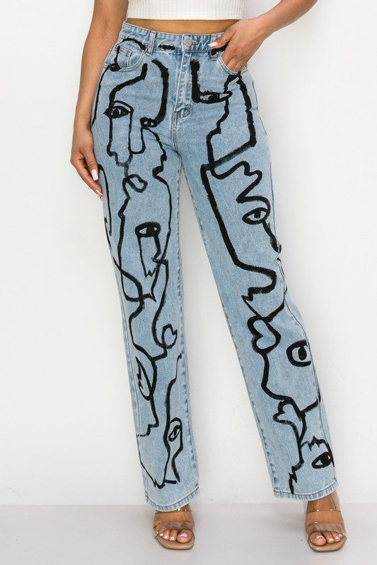 Abstract Face Print Denim Jeans – Rag & Muffin