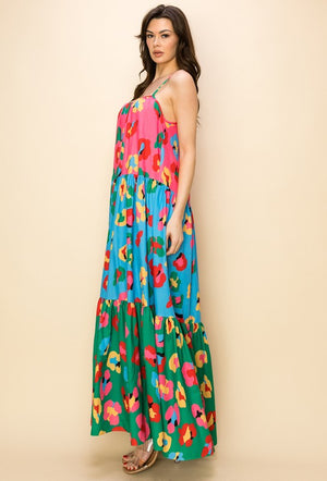 Bold Color Block Floral Print Maxi Dress-1 Left❗️
