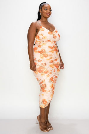 Plus Size Floral Print Ruched Midi Dress