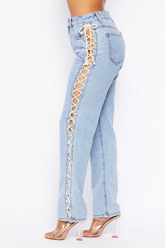 Side Lace Corset Detail Denim Jeans