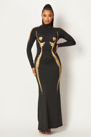 Gold Body Print Long Sleeve Maxi Dress