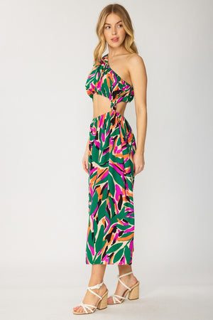 Abstract Print Side Knot Cut Out Midi Dress