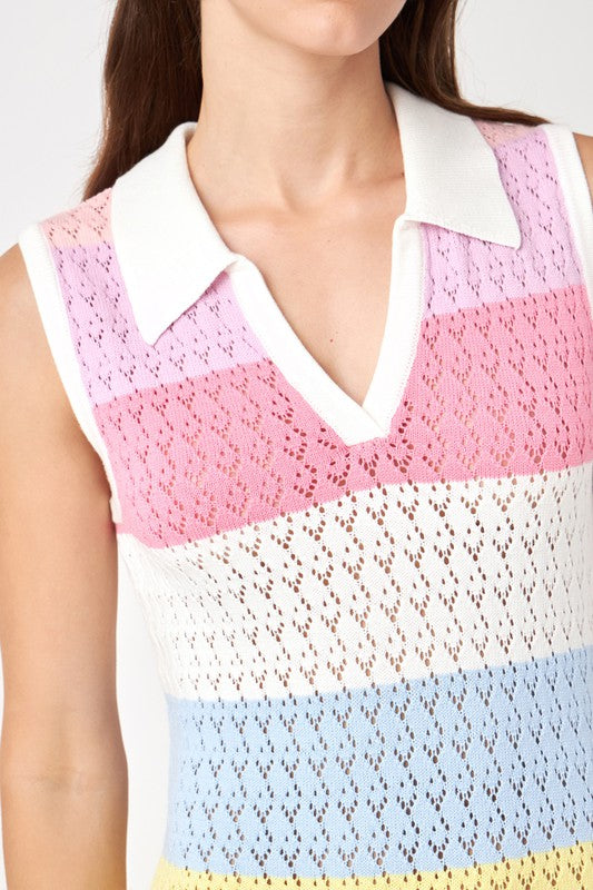 Collared Crochet Knit Color Block Midi Dress