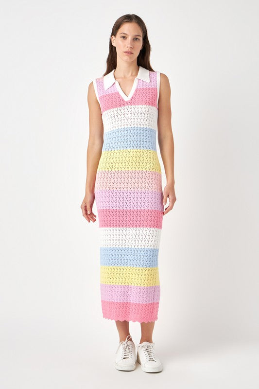 Collared Crochet Knit Color Block Midi Dress