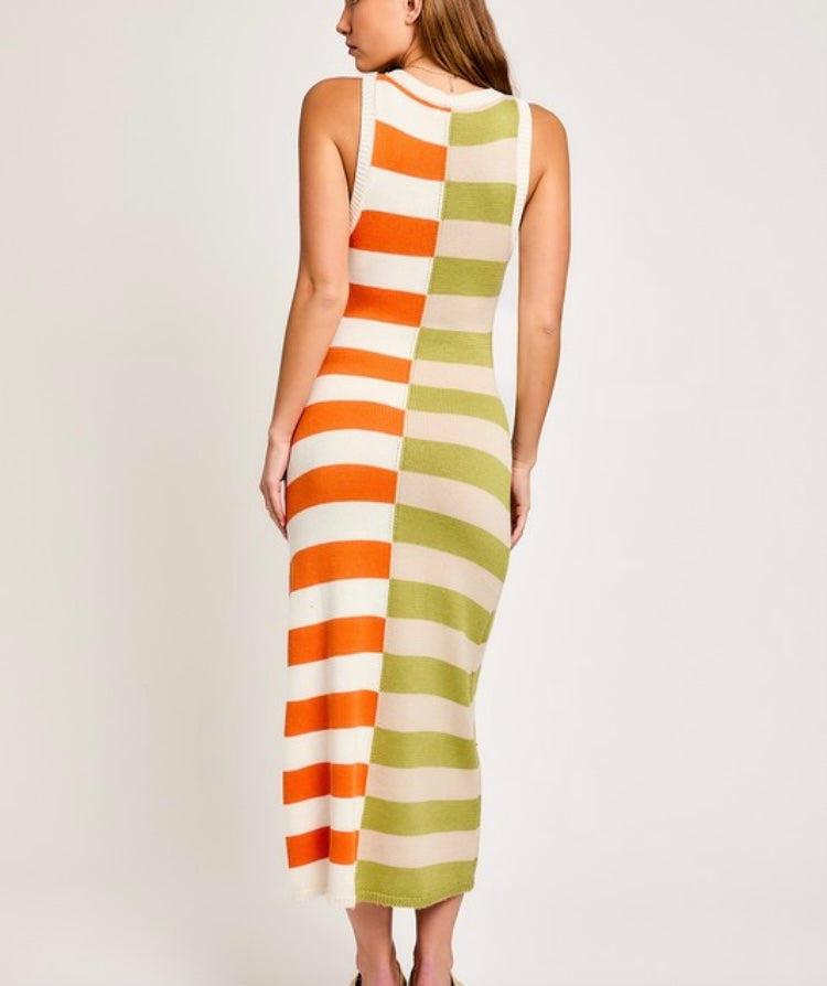 Striped Color Block Knit Midi Dress
