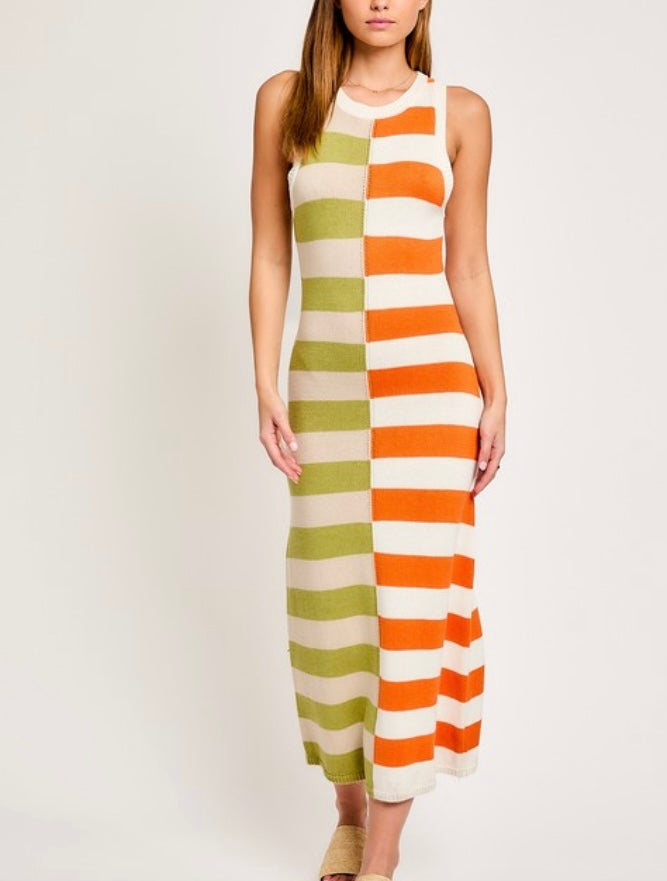 Striped Color Block Knit Midi Dress