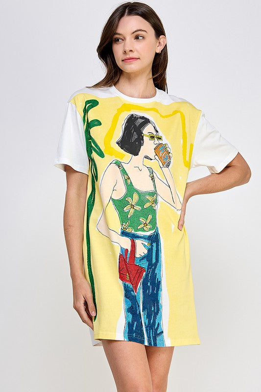 Girl On Vacay Rhinestone Tee Shirt Dress