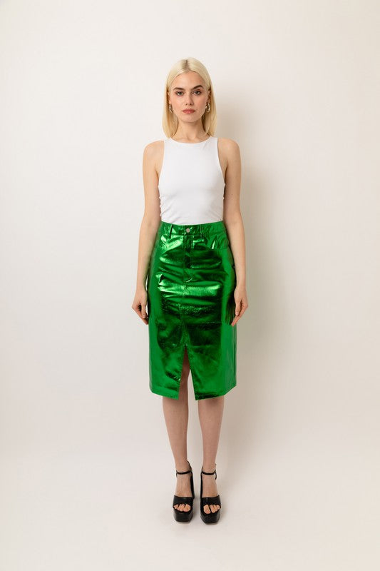 Green High Waist Metallic Vegan Leather Skirt