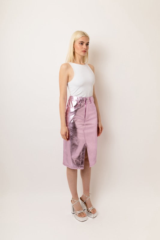 Pink High Waist Metallic Vegan Leather Skirt