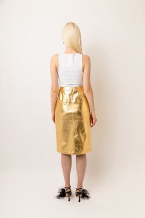 Gold High Waist Metallic Vegan Leather Skirt