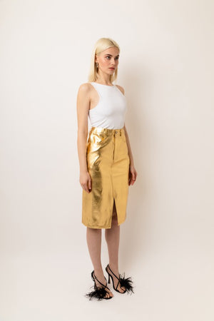 Gold Metallic Vegan Leather Skirt