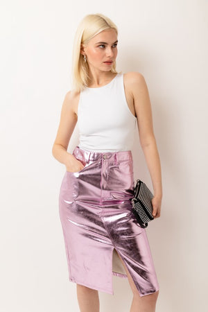 Pink High Waist Metallic Vegan Leather Skirt