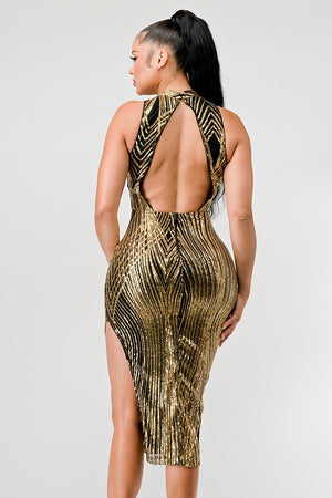 Intricate Sequin Side Slit Dress