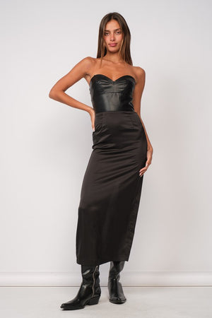Strapless Leather Top Satin Maxi Dress