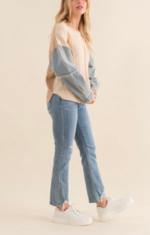 Denim Sleeve Cable Knit Sweater