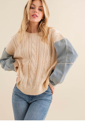 Denim Sleeve Cable Knit Sweater – Rag & Muffin