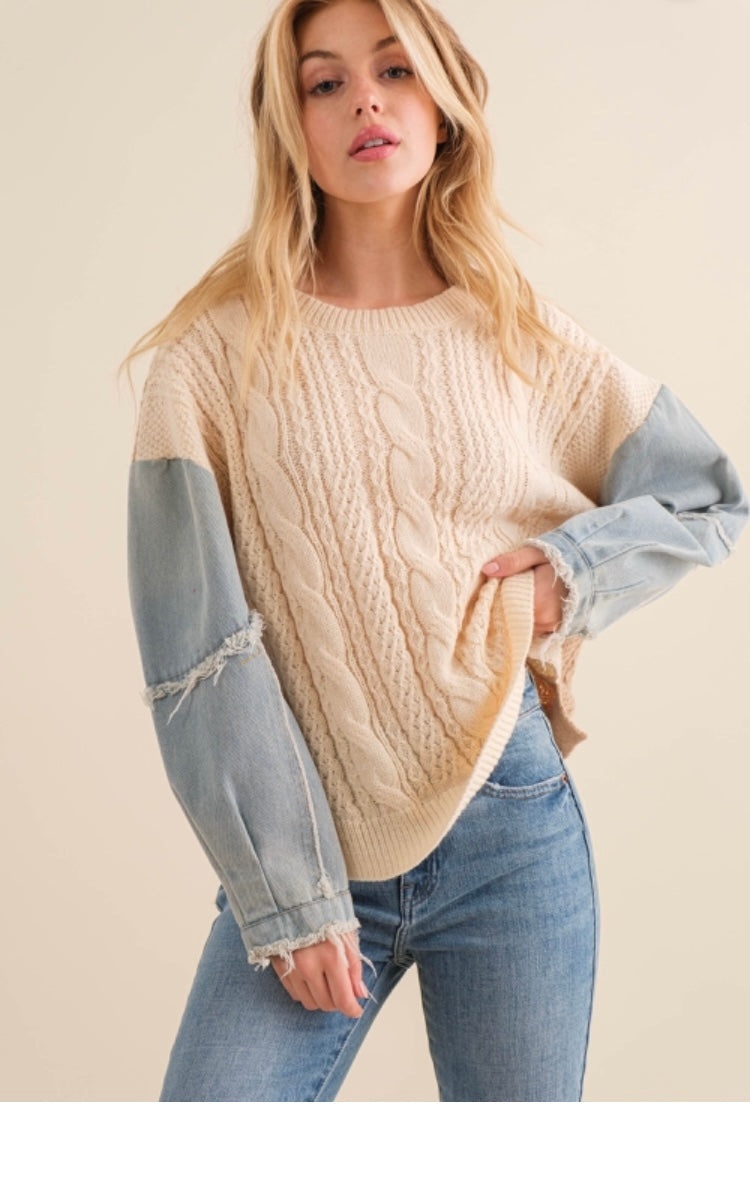 Denim Sleeve Cable Knit Sweater – Rag & Muffin