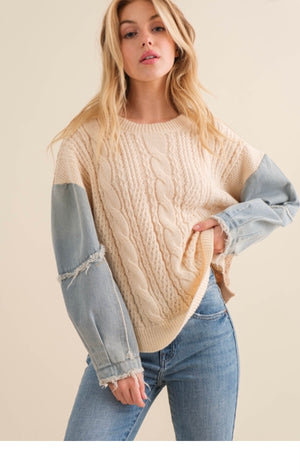 Denim Sleeve Cable Knit Sweater