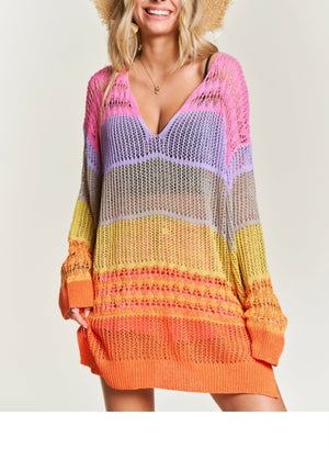 Colorblock Dolman Sleeve Crochet Knit Tunic Sweater