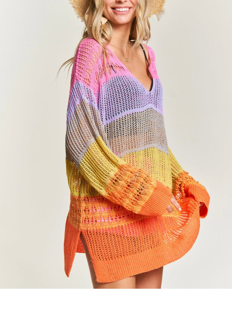 Colorblock Dolman Sleeve Crochet Knit Tunic Sweater
