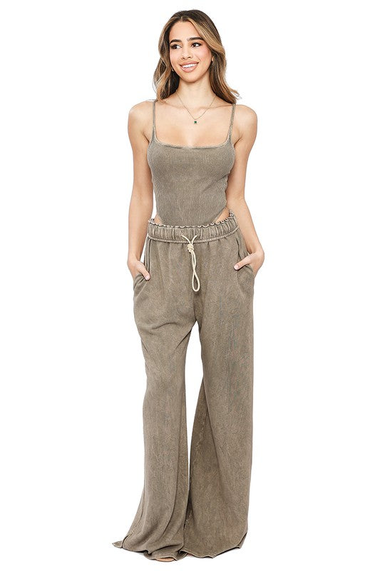 Ribbed Mineral Wash Bodysuit and Wide Leg Pant Set