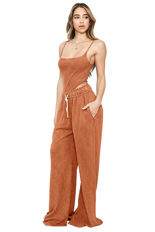 Ribbed Mineral Wash Bodysuit and Wide Leg Pant Set