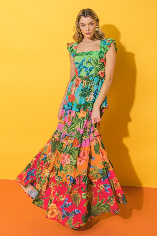 Tropical Print Sleeveless Maxi Dress