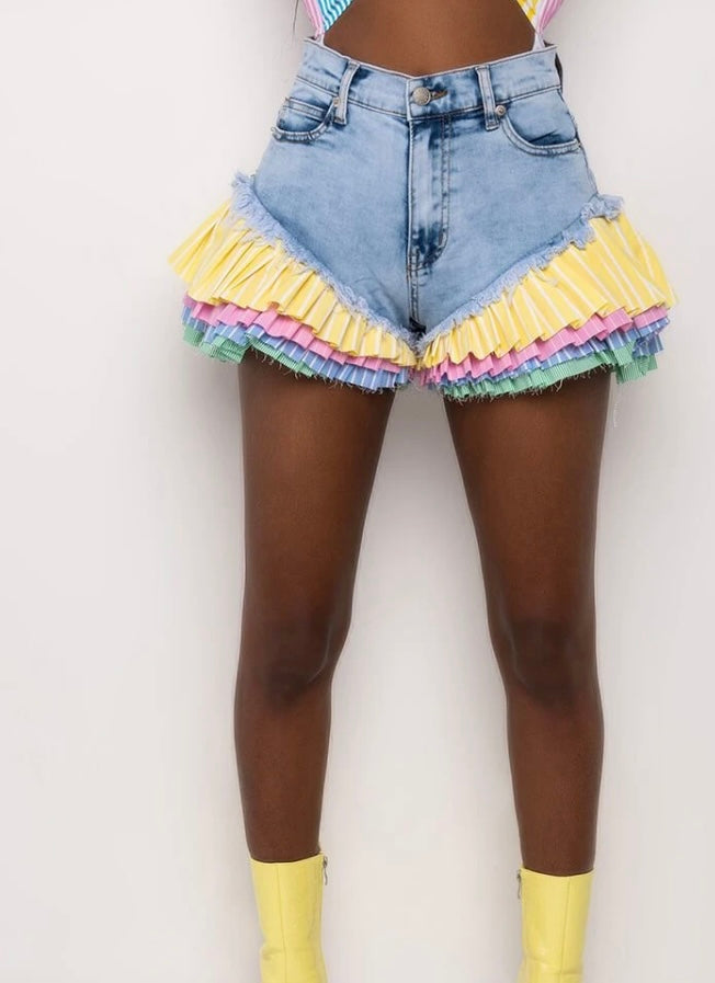 Sold Out Pinstripe Ruffle Denim Shorts