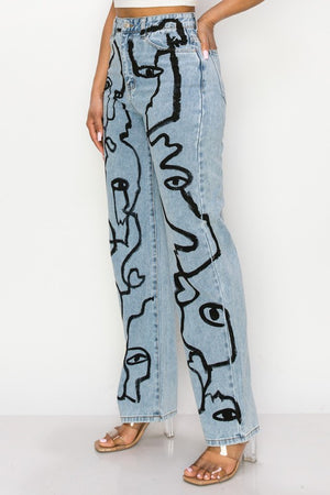 Abstract Face Print Denim Jeans