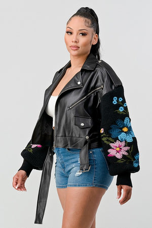 Black Vegan Leather Biker Jacket With Embroidered Sleeves