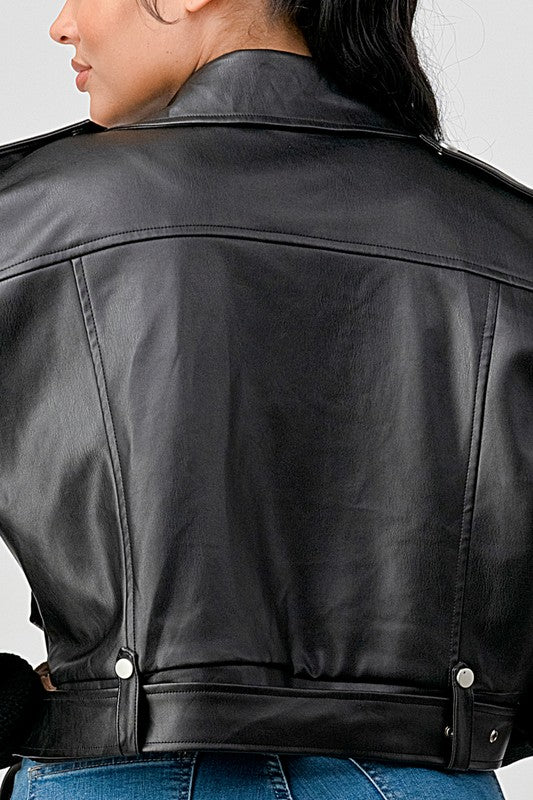 Black Vegan Leather Biker Jacket With Embroidered Sleeves