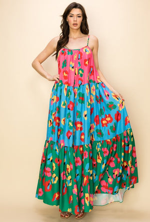 Bold Color Block Floral Print Maxi Dress