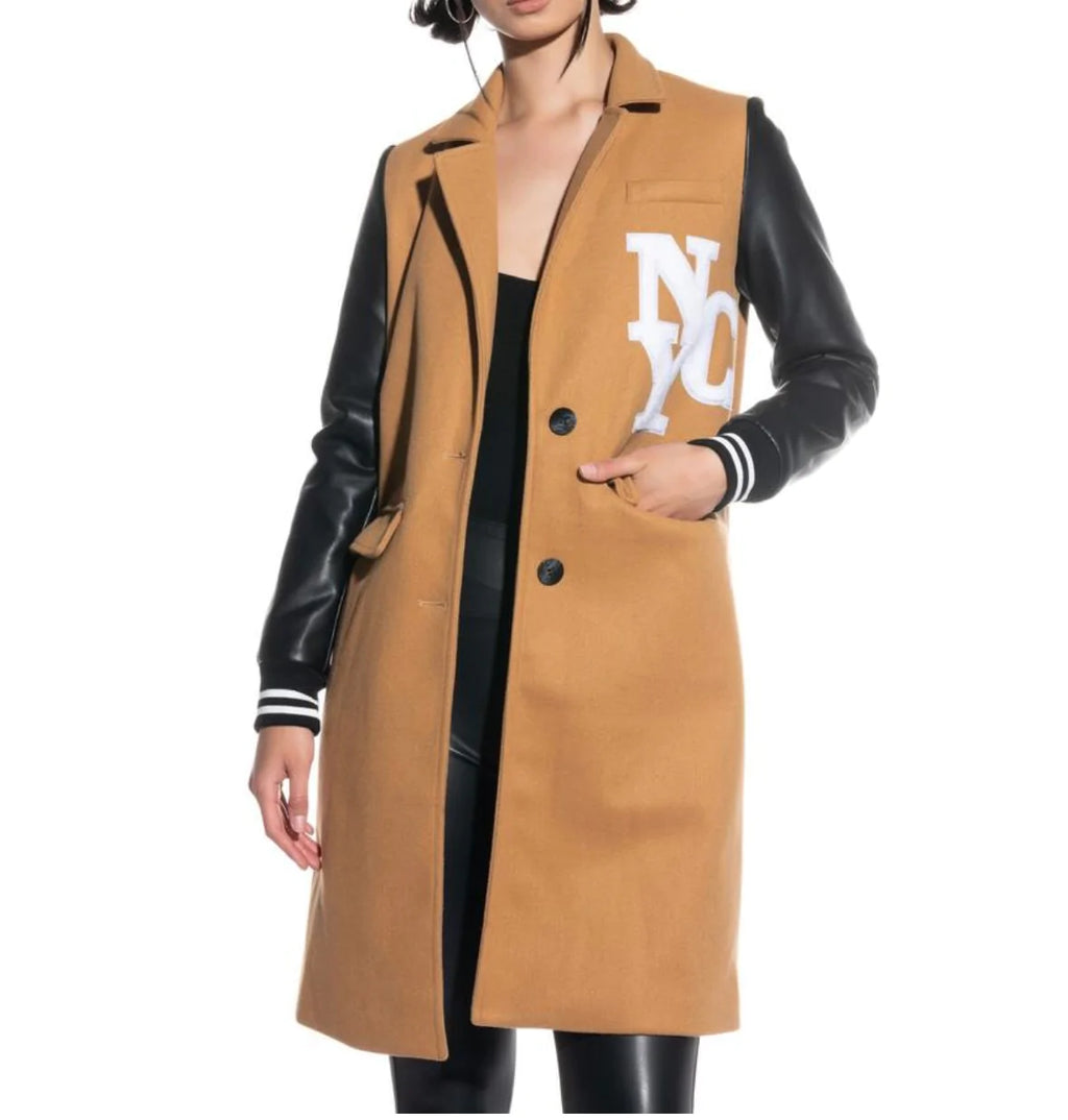 NYC Bomber Leather Sleeve Trench Coat