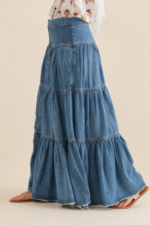 Chambray Tiered Button Up Maxi Skirt