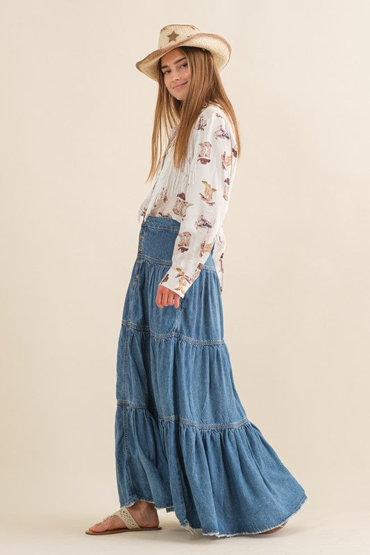 Chambray Tiered Button Up Maxi Skirt