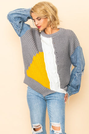 Denim Sleeve Knit Chunky Sweater- Restocked