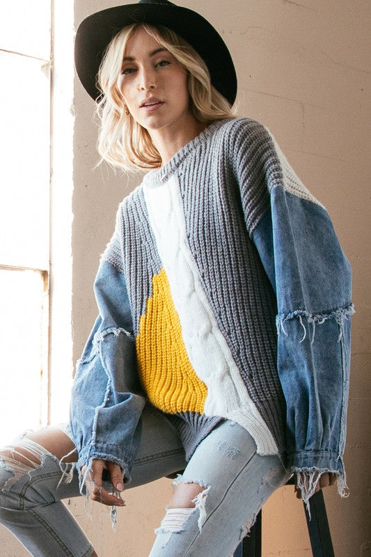 Denim Sleeve Knit Chunky Sweater- Restocked