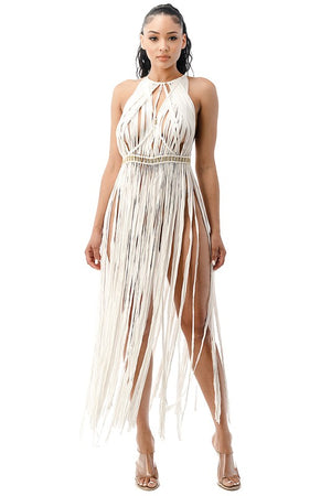 Fringe Maxi Cover Up With Gold Waist Detail