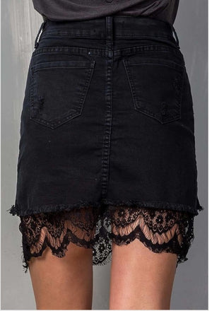 Black Lace Trim Denim Skirt