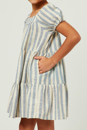 Girls Striped Square Neck Puff Sleeve Tiered Dress