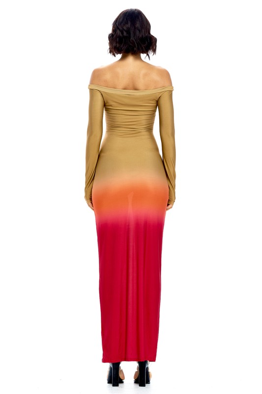 Gradient Color Block Long Sleeve Maxi Dress