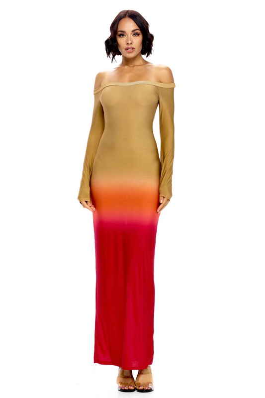 Gradient Color Block Long Sleeve Maxi Dress
