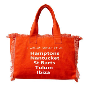I Would Rather Be In The Hamptons Canvas Fringe Tote Bag