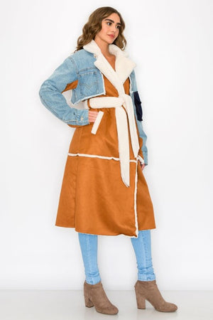 Faux Suede Sherling and Denim Maxi Trench Coat no