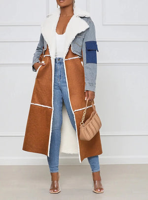 Faux Suede Sherling and Denim Maxi Trench Coat