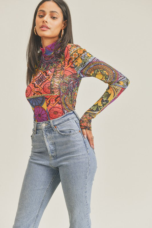 Mesh Multi Color Print Bodysuit