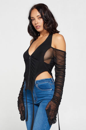 Mesh Ruched Sleeve Corset Top