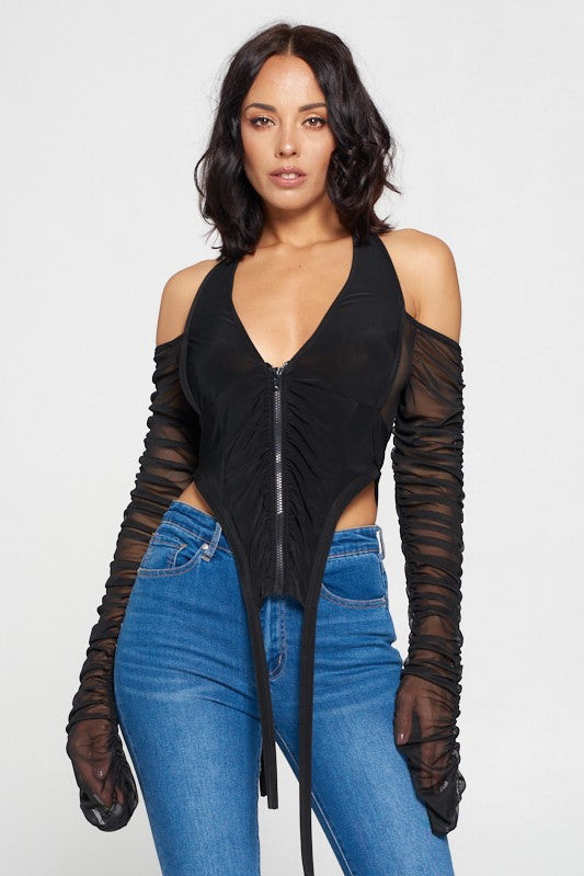 Mesh Ruched Sleeve Corset Top
